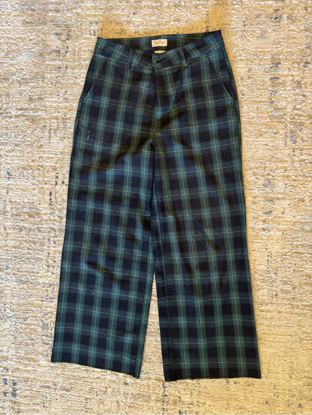 Brixton Victory Green and Navy Plaid Wide Leg Slightly Crop Leg Trousers